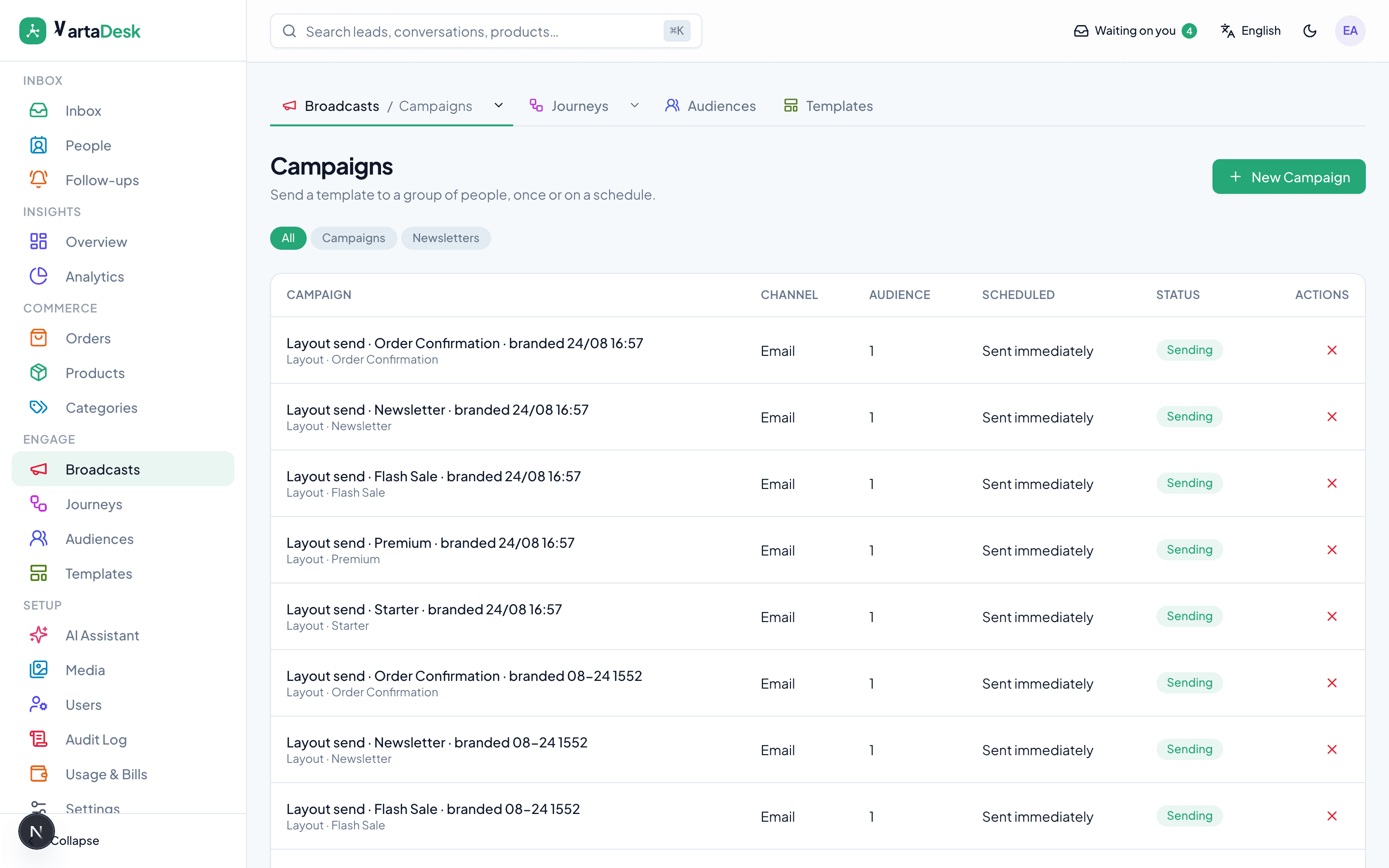Broadcasts list with status, audience and send counts