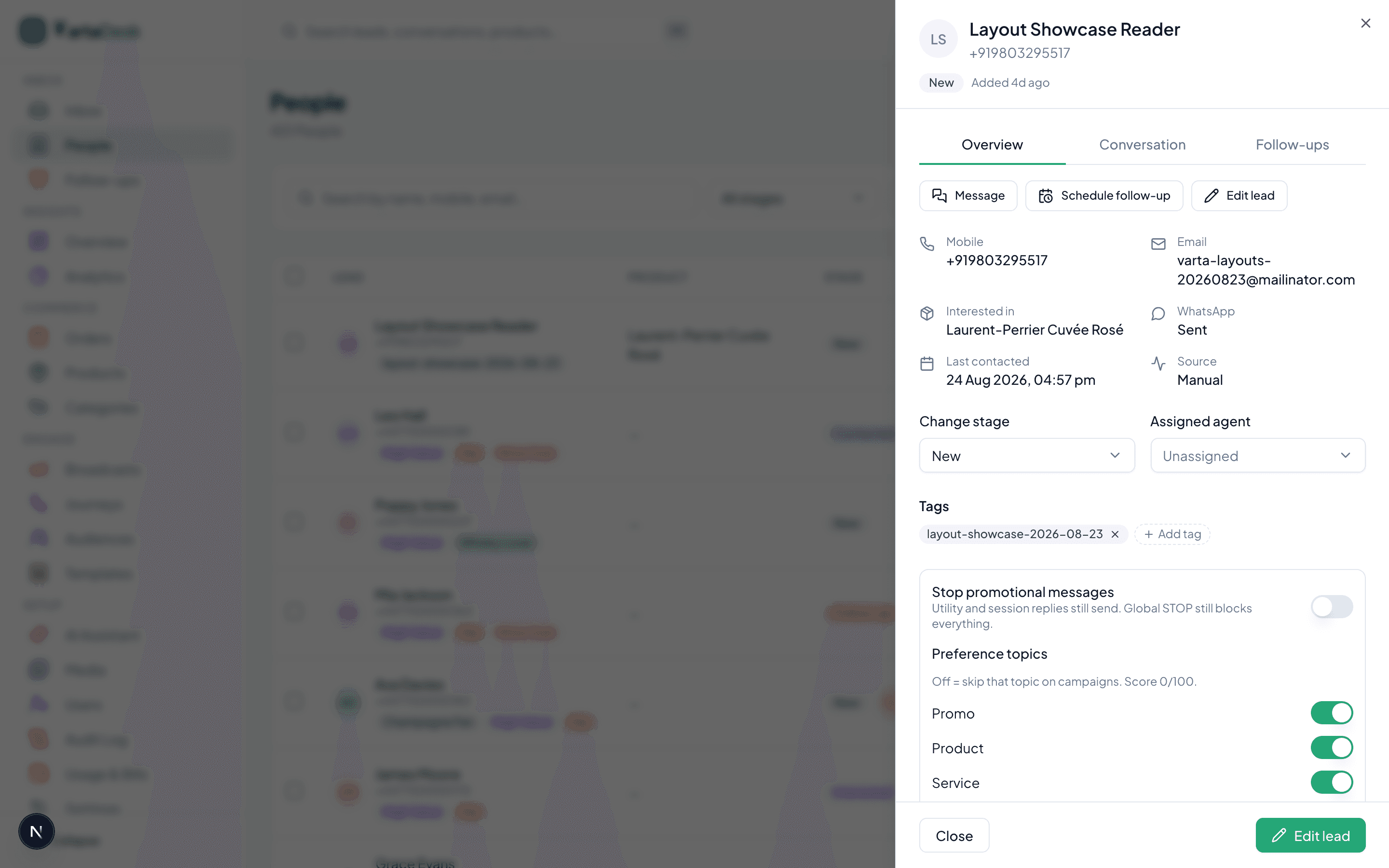 Person rail with click-to-call, AI calling, brief and next action on the same lead