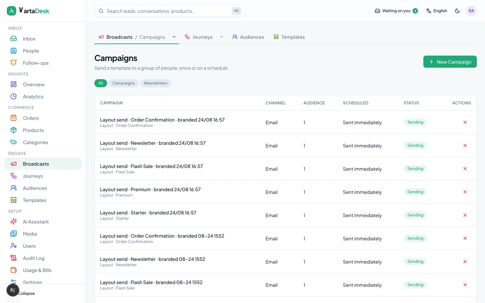 Broadcasts list with status, audience and send counts