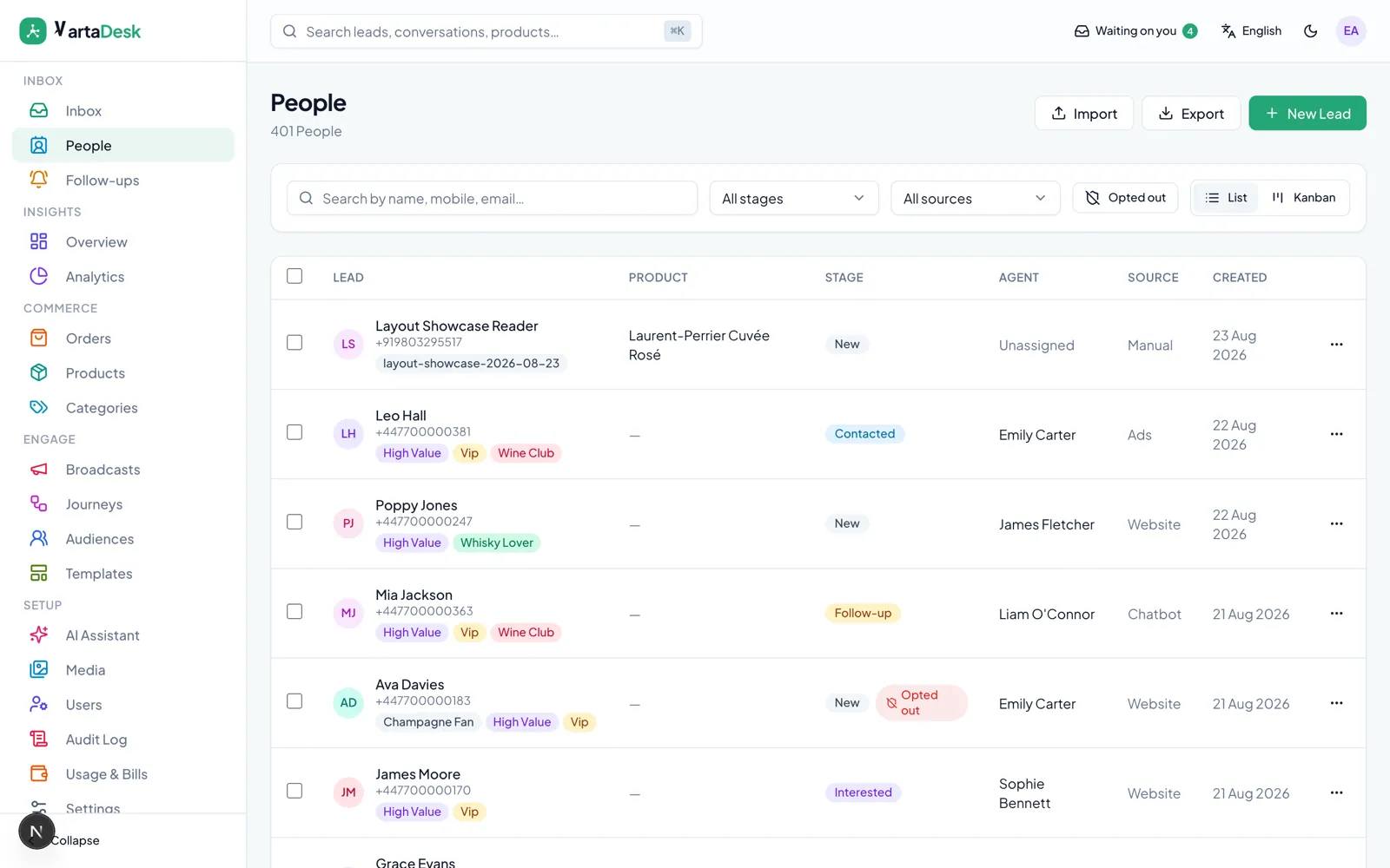 People workspace with stages, tags and list or kanban